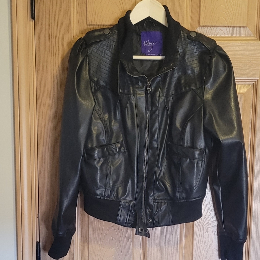 Miley Cyrus / Max Azria Black, Faux Leather Bomber Jacket  - Gently Worn